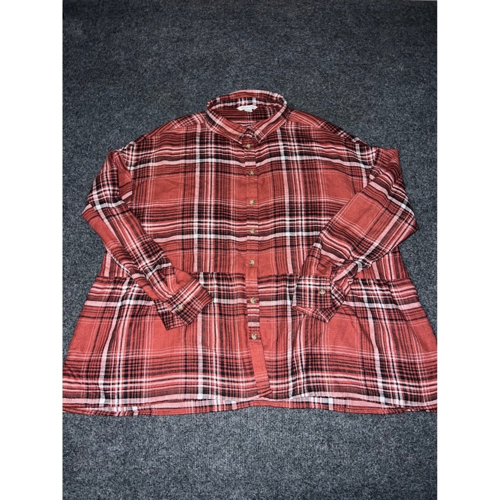 American Eagle Red Plaid Peplum Flannel Button Down Shirt Medium